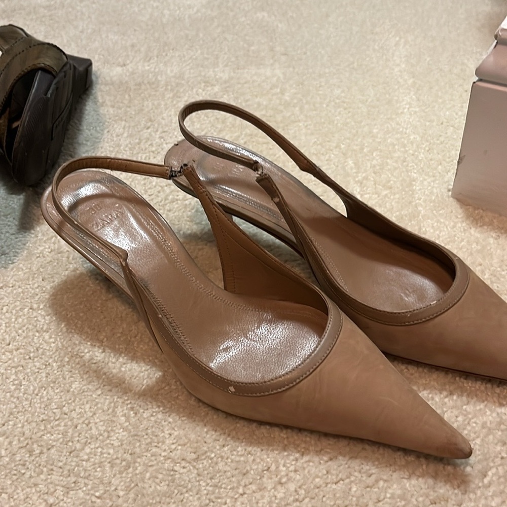 Zara Tan Slingback Heels with Pointed Toe